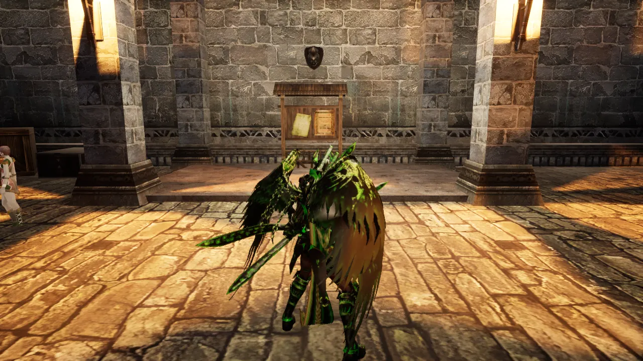 Unreal Engine 5: a hero in the GM 90 Divine set in the Vault Guild hall, warm torch light on the stone floor